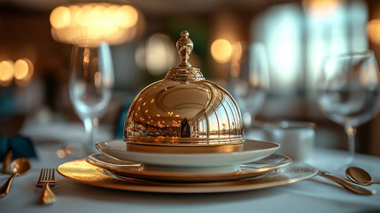 A beautifully set table awaits guests with a golden serving dome at its center, reflecting the ambient light and showcasing refined cuisine. Exquisite details elevate the dining atmosphere