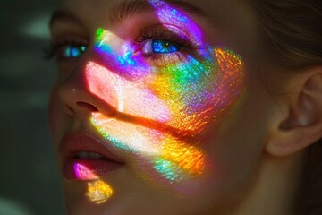 Close-up of a woman's face illuminated by a rainbow light, great for representing hope and positivity