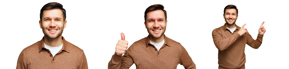 Smiling man giving thumbs up while pointing in a bright studio setting with white background