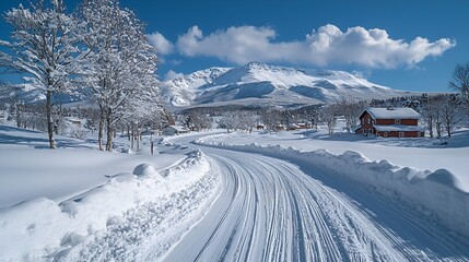 Snowy winter road winding through a village with mountains in the background. Possible use Stock photo for winter travel, nature, vacation, or landscape