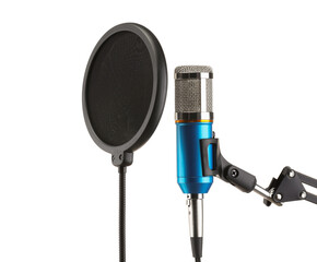 Stand with microphone and pop filter isolated on white