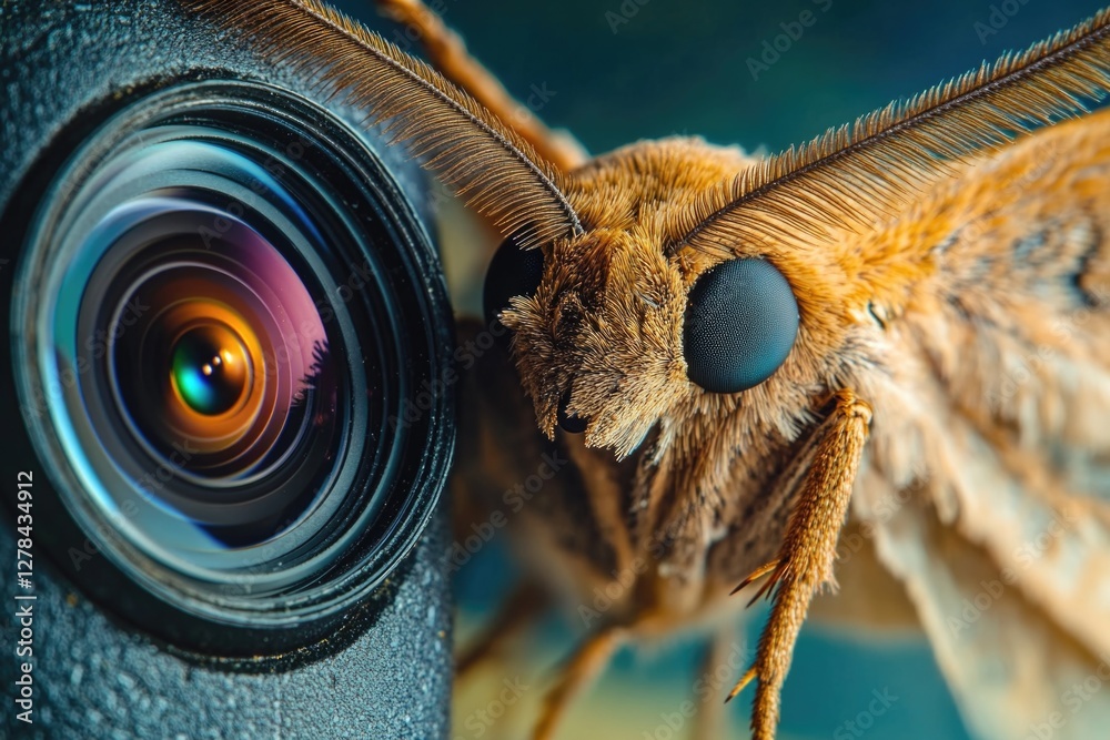 Poster a close-up shot of a butterfly perched on top of a camera, highlighting the intricate details of bot