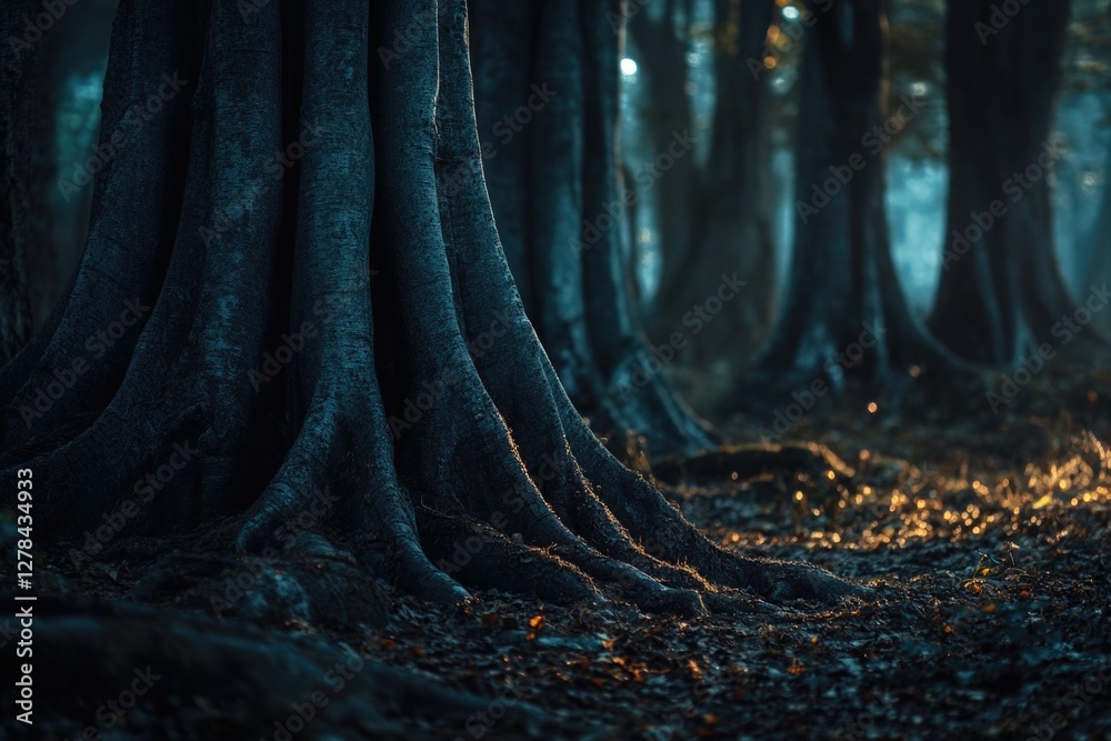 Poster a cluster of trees standing together in a wooded area, with foliage and trunks prominent