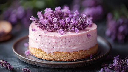 An exquisite dessert sits elegantly on a dark plate, its creamy lavender frosting topped with vibrant purple flowers. This cake exudes charm, perfect for any spring gathering