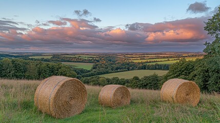Hilltop hay bales sunset landscape