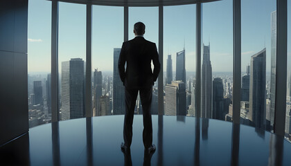 Fototapeta premium A businessman in an executive office gazes at the city skyline, symbolizing ambition, leadership, and success.