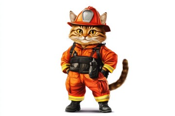 Firefighter cat in cartoon style wearing uniform with hat on white background