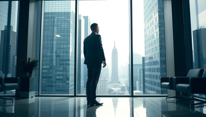 Fototapeta premium A businessman in an executive office gazes at the city skyline, symbolizing ambition, leadership, and success.
