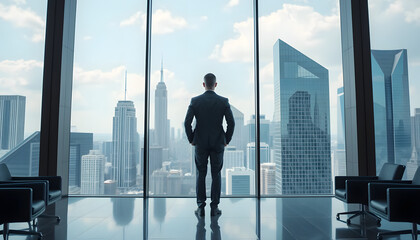 A businessman in an executive office gazes at the city skyline, symbolizing ambition, leadership, and success.