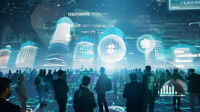 Business people attending a presentation in a futuristic metaverse with holographic buildings, data and statistics