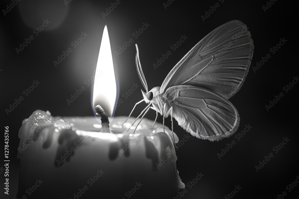 Poster a colorful butterfly perches on the edge of a candle, surrounded by soft light and gentle warmth