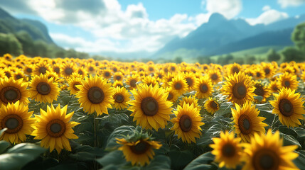 Obraz premium Bright yellow sunflowers stretch towards the sun in a vibrant field, basking in warmth
