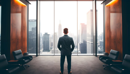 Fototapeta premium A businessman in an executive office gazes at the city skyline, symbolizing ambition, leadership, and success.