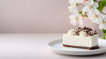 Fototapeta premium Elegant cheesecake with chocolate flakes on a delicate pastel background. A great choice for cafes, holiday posts, and fine dining content. Selective focus