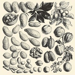 Detailed illustration of various nuts and seeds displayed on a light background showing their unique shapes and textures