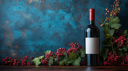 A striking red wine bottle stands proudly against a deep blue background, accompanied by clusters of ripe grapes and rich green leaves, forming a perfect composition of nature and fine wine