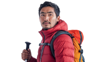 Nepalese trekker in down vest adjusting hiking pole isolated on transparent white background