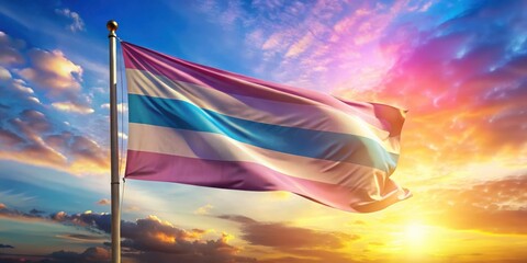 A stylized illustration of a transgender flag waving in the wind against a bright and colorful background , gender fluid symbol, transgender pride