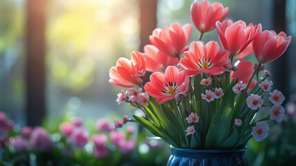 A stunning arrangement of pink flowers fills a blue pot, basking in the warm light streaming through the open window, surrounded by lush greenery. The atmosphere is peaceful and inviting