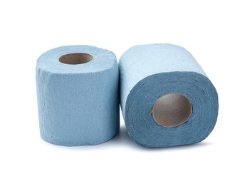 Light blue toilet paper rolls isolated on white