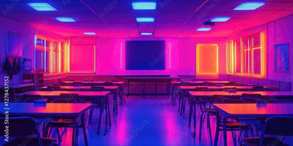 Poster a typical classroom scene with multiple desks, chairs, and a projection screen
