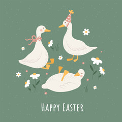 Illustrations of Happy Easter with geese, daisies, and flowers on a green background © Oksana