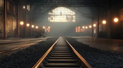 Naklejka premium Abandoned Train Station with Sunlight and Railway Tracks Inside