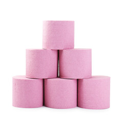 Stack of pink toilet paper rolls isolated on white