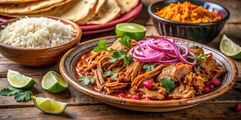 Fototapeta premium Traditional Mexican dish, cochinita pibil, slow-roasted pork marinated in citrus juice and spices, served with rice, beans