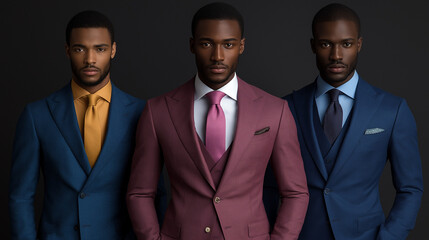 Three well-dressed men stand confidently in tailored suits of varying colors, exuding elegance and style with their sharp poses and expressions