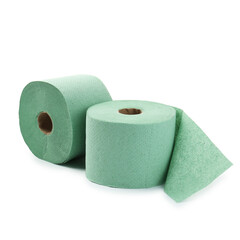 Green toilet paper rolls isolated on white
