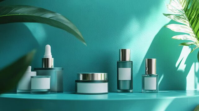 Minimalist cosmetic products with empty labels on a turquoise backdrop, creating a stylish and elegant space for brand customization.