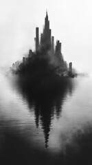 Acityshroudedinmist,reflectedinstillwater