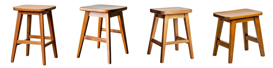 Assortment of various wooden bar stools and chairs in different styles and designs for home office and kitchen decor  Wooden furniture pieces including modern contemporary industrial rustic