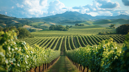 Fototapeta premium Rows of vibrant green grapevines stretch across the countryside, bathed in warm sunlight. The distant mountains provide a stunning backdrop, enhancing the serene atmosphere