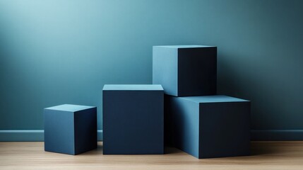 Blue cubes on wooden floor against teal wall.