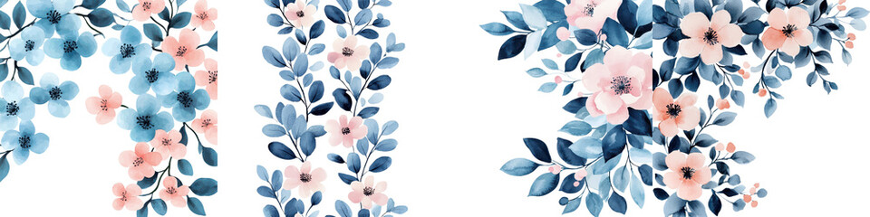 Delicate and Feminine Floral Watercolor Pattern in Soft Pastel Colors of Pink Blue and Gray  Seamless Repeating Botanical Background Design for Springtime Wedding or Greeting Card