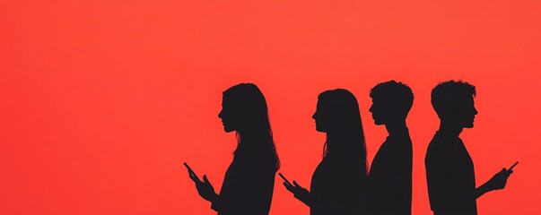 People using smartphones in silhouette against a vibrant red background