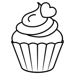 Romantic Cupcake with Heart Decoration Outline