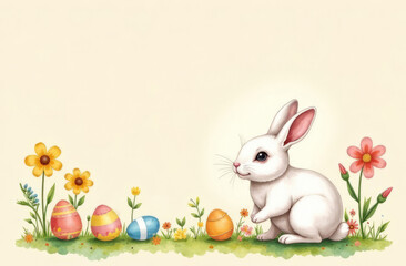 White rabbit and a few colorful eggs and summer flowers on pastel beige background, watercolor painting, free space for text.