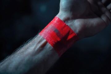 A person wearing a bright red band on their wrist, likely indicating support for a cause or charity