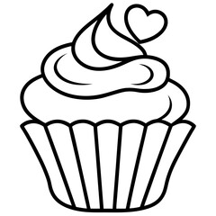 Romantic Cupcake with Heart Decoration Outline