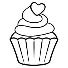Romantic Cupcake with Heart Decoration Outline