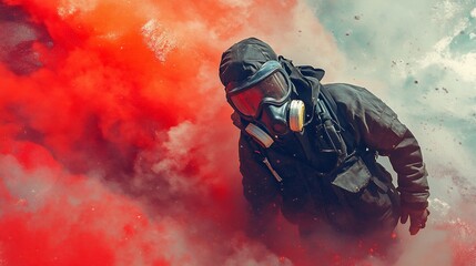 Hazmat worker in red smoke cloud.