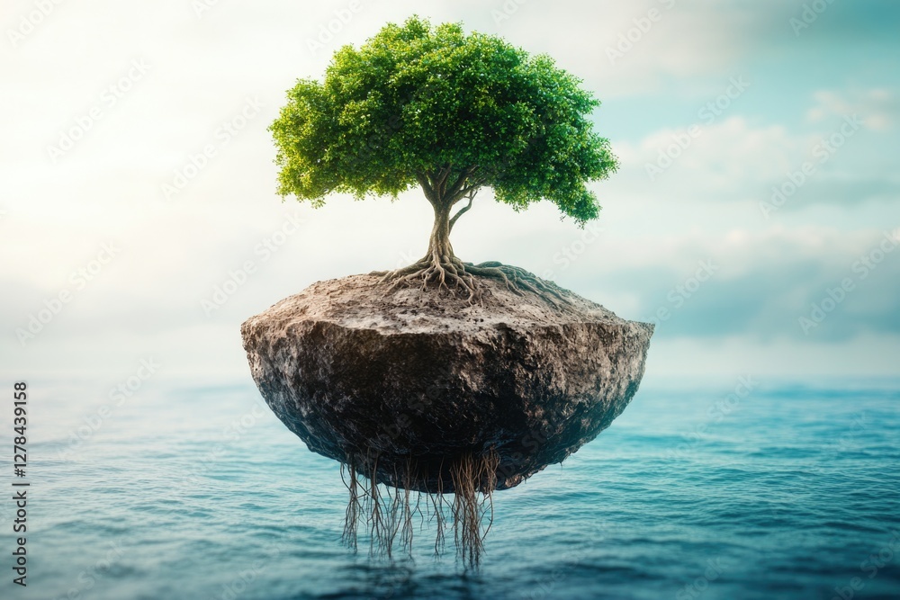 Poster a tree stands alone on top of a rock in the middle of the ocean, surrounded by calm waters