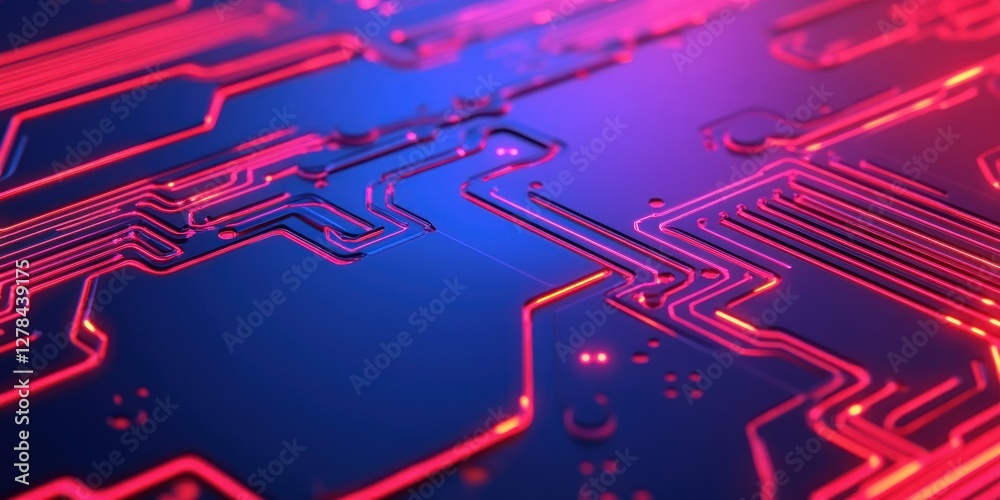 Poster Abstract Circuit Board Pattern with Neon Glow on Dark Background