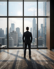 Fototapeta premium A businessman in an executive office gazes at the city skyline, symbolizing ambition, leadership, and success.