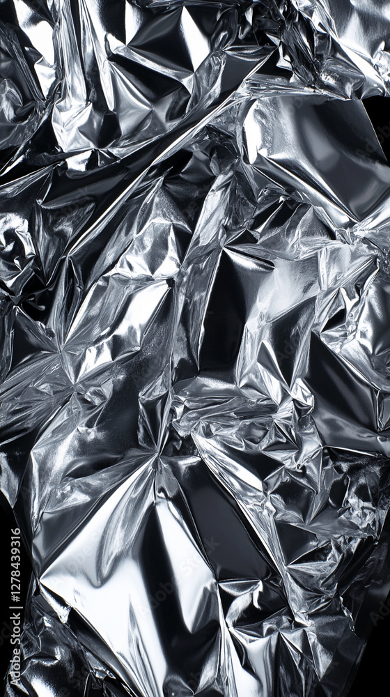 Poster close-up of crumpled metallic foil with high gloss finish, showcasing intricate folds and reflective