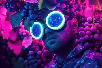 A person wearing goggles holds a bunch of grapes, possibly for a themed party or as a prop for photography