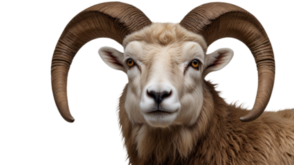 mountain goat isolated on white. ram with big horns on a transparent background
